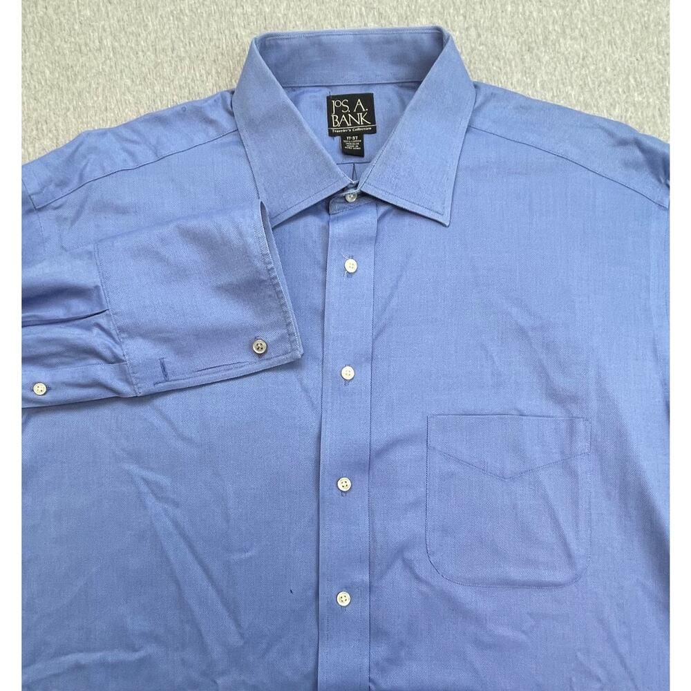 Jos A Bank Shirt Men 17 - 37 Blue 100% Cotton Oxford Button Up French Cuff